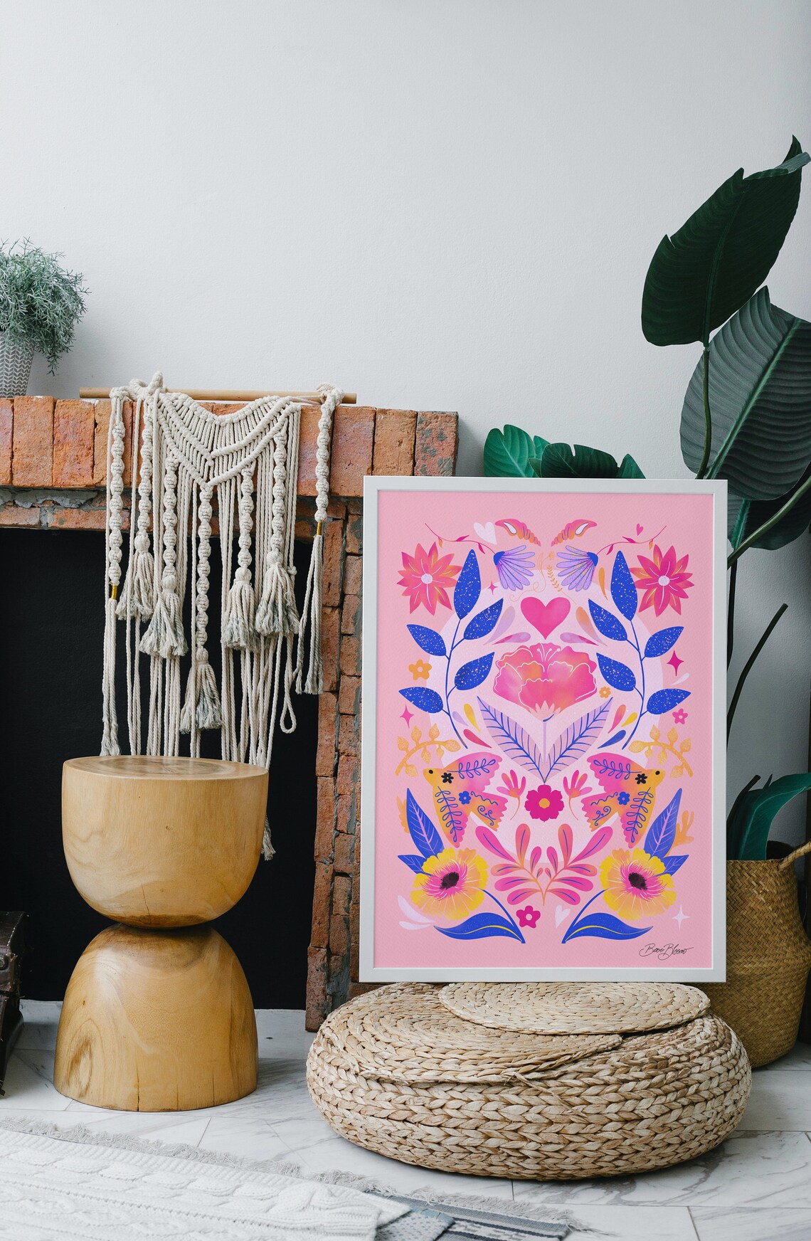 Pink Floral Boho Art Print, Folk-Inspired Florals - Image 2