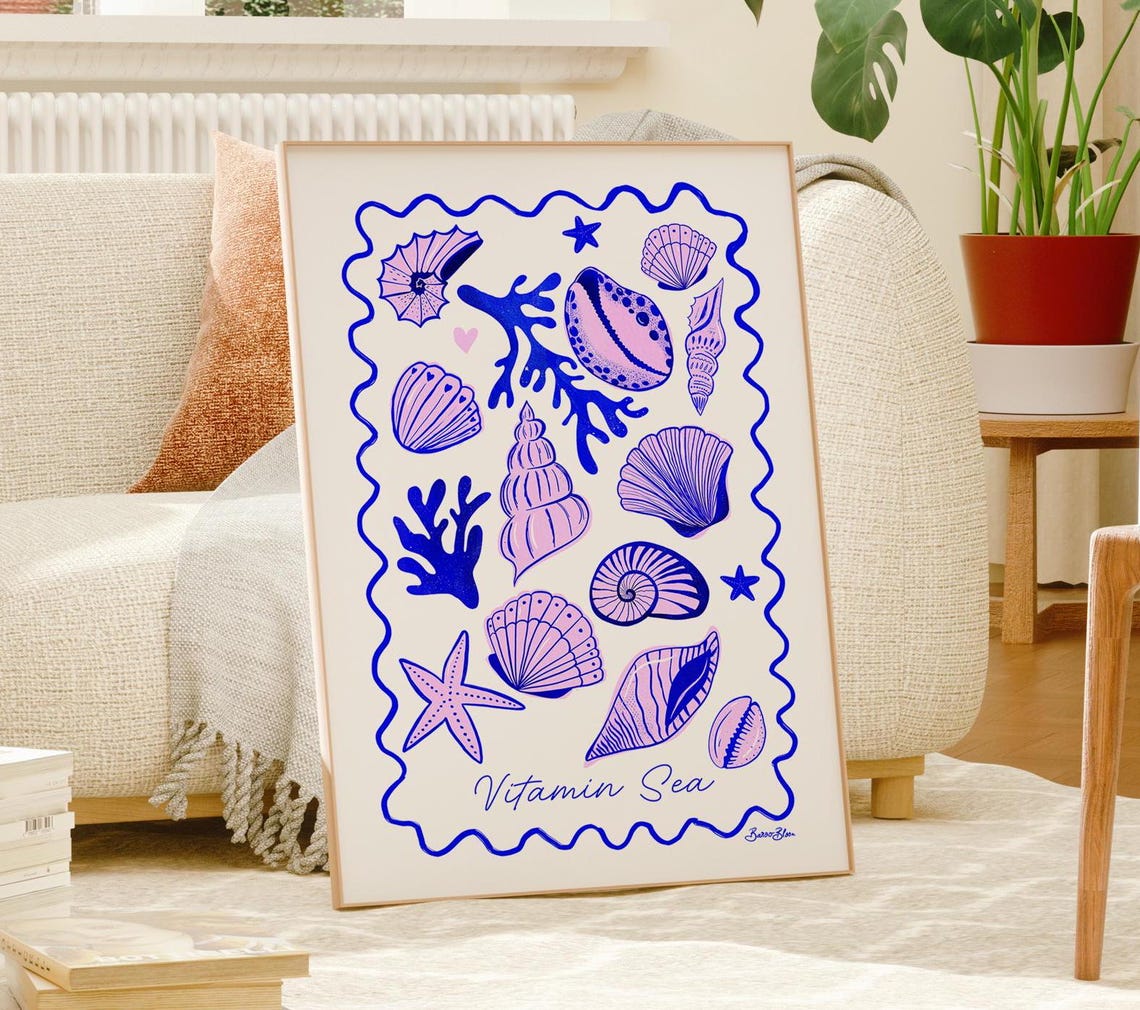 Vitamin Sea Shell Illustration Blue Coastal Beach House Art Poster
