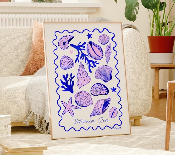 Vitamin Sea Shell Illustration Blue Coastal Beach House Art Poster