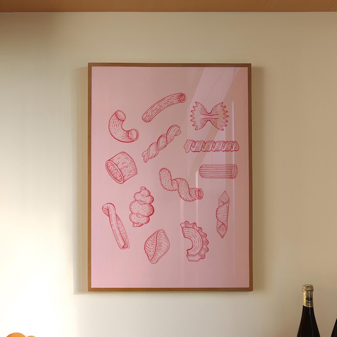 Red Pasta Shapes Line Art Sketch Italian Pink Kitchen Foodie Poster