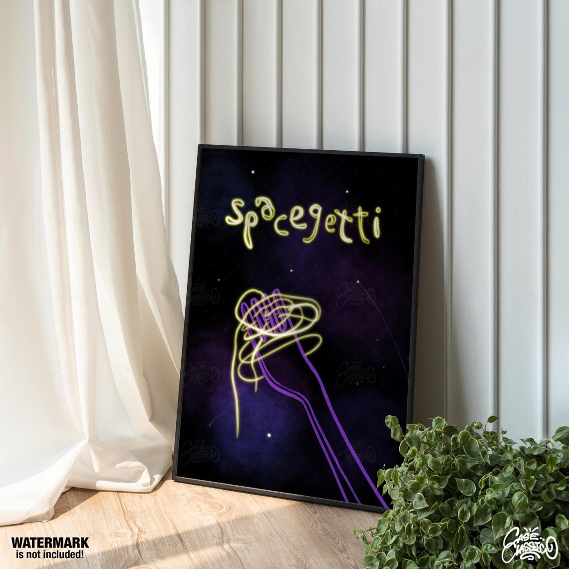 Neon Spacegetti Spaghetti Poster With Glowing Noodle Fork Art - Image 4
