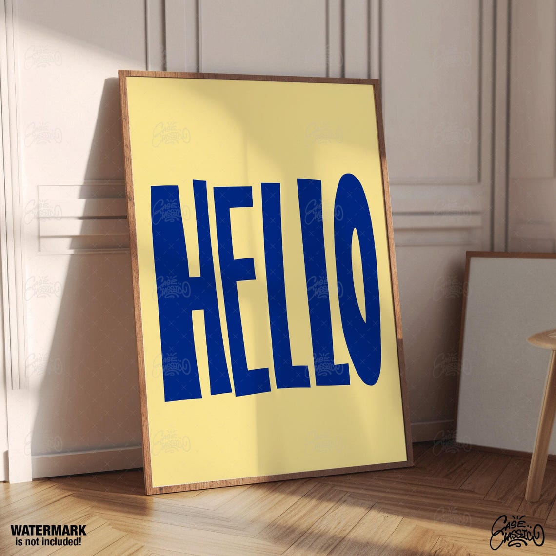 Bold HELLO Greeting Poster in Navy Blue Letters on Sunny Yellow