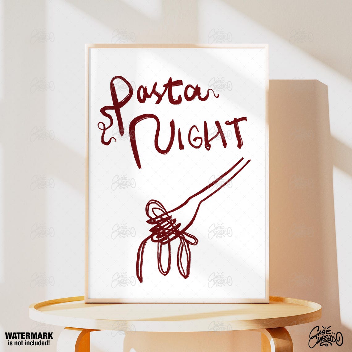 Pasta Night Maroon Script Fork Spaghetti Line Sketch Quote Poster - Image 4