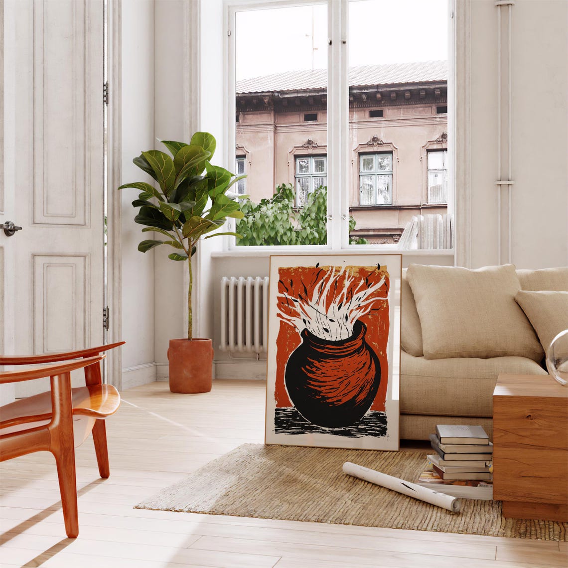 Burnt Orange Vase with White Branches Modern Abstract Poster - Image 3