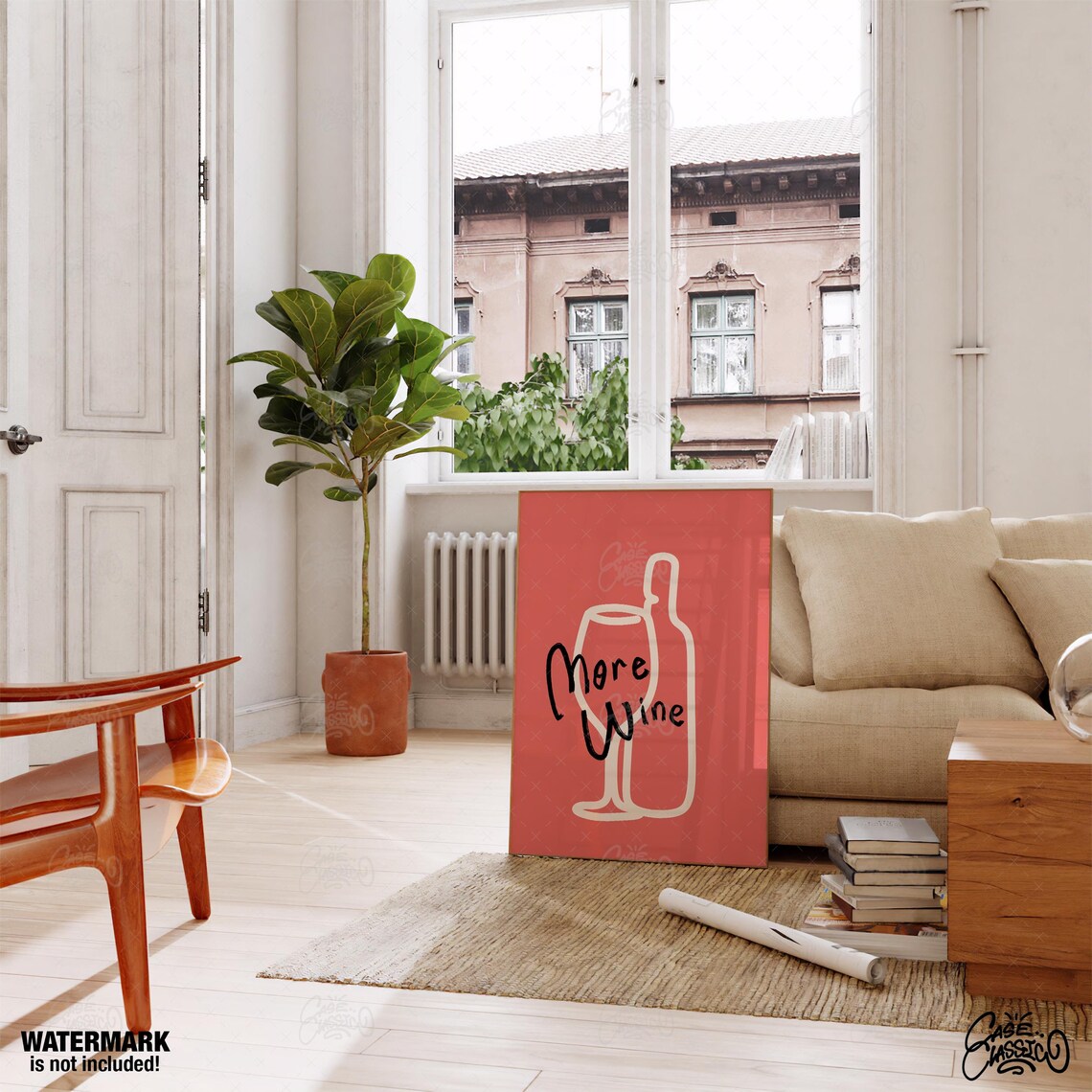 More Wine Coral Red Poster With White Line Art Glass and Bottle Design - Image 3