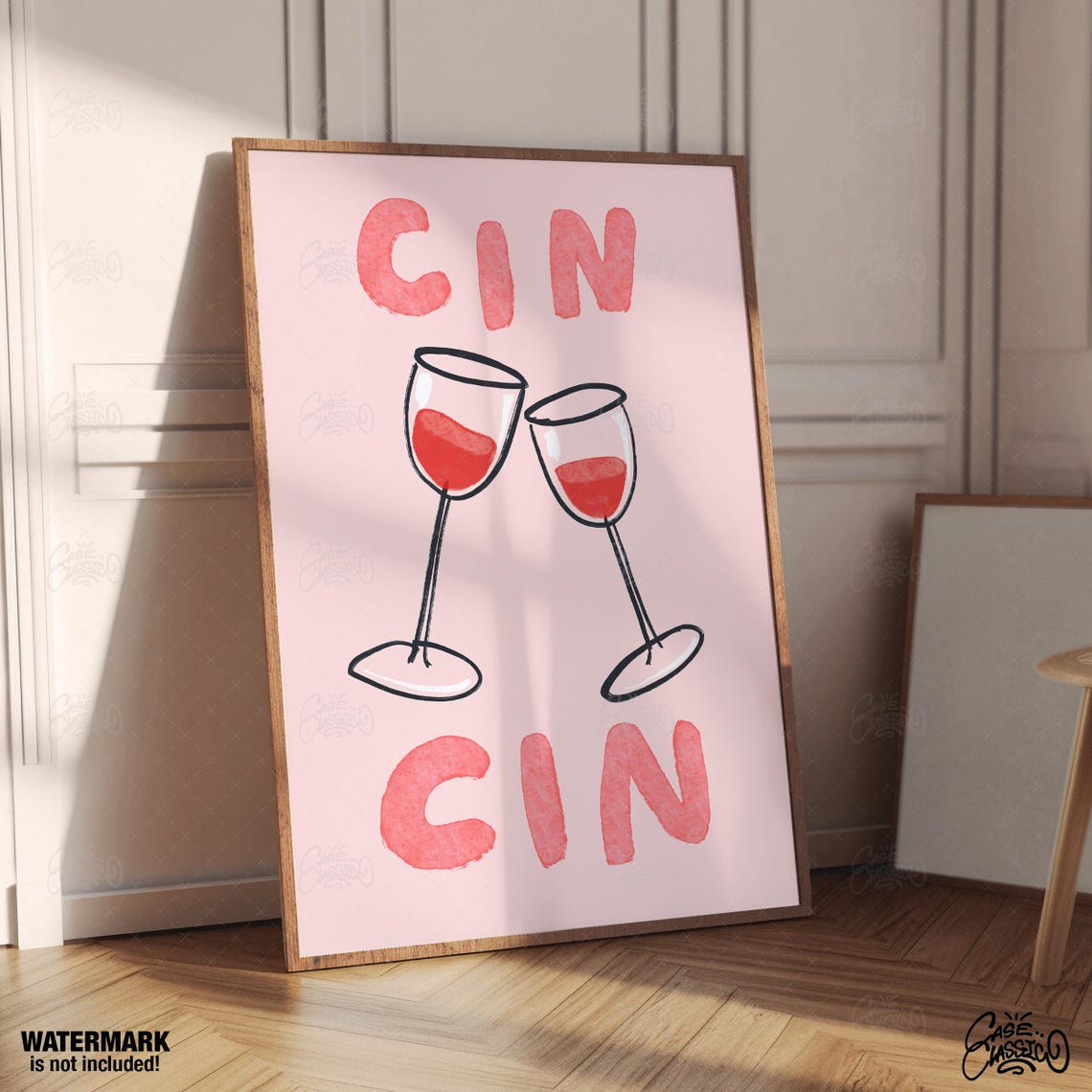 Cin Cin Toasting Wine Glasses Poster in Pink on Blush Background Art - Image 3