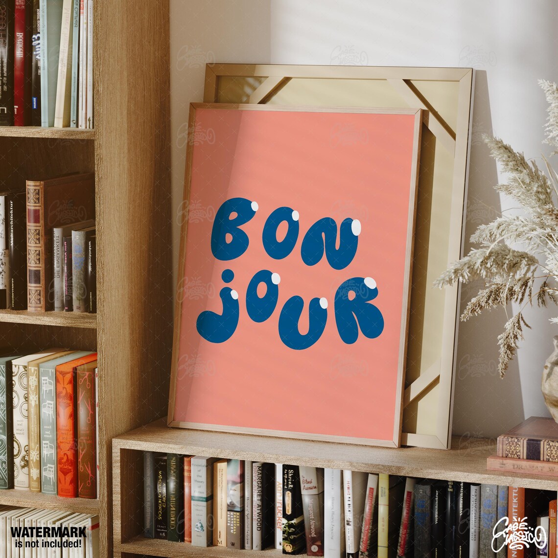 Bonjour Blue Puffy Bubble Letters Coral Retro French Quote Poster - Image 2