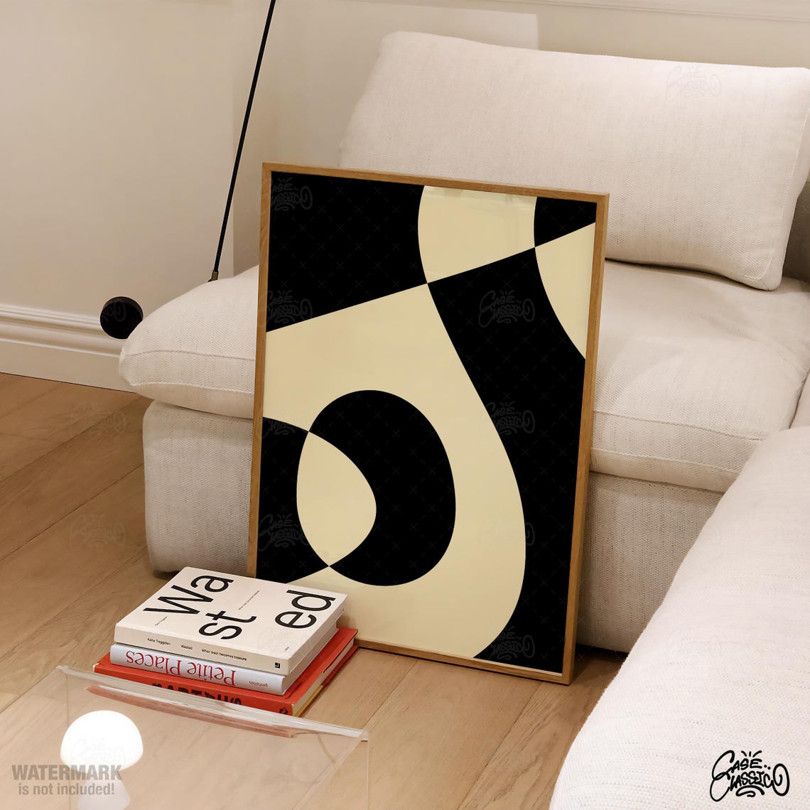 Black and Cream Wavy Checkerboard Abstract Modern Art Poster - Image 3