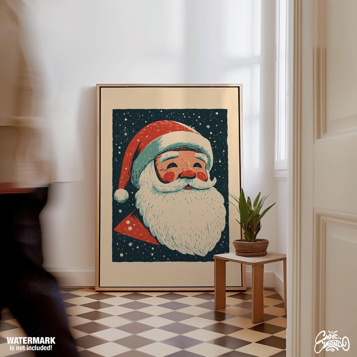 Retro Santa Claus Face Navy Background Vintage Christmas Poster - Image 3
