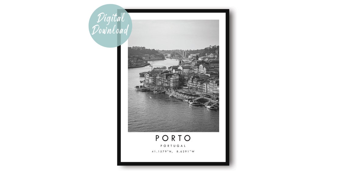 Porto Portugal Douro River Riverside Black And White Travel Poster