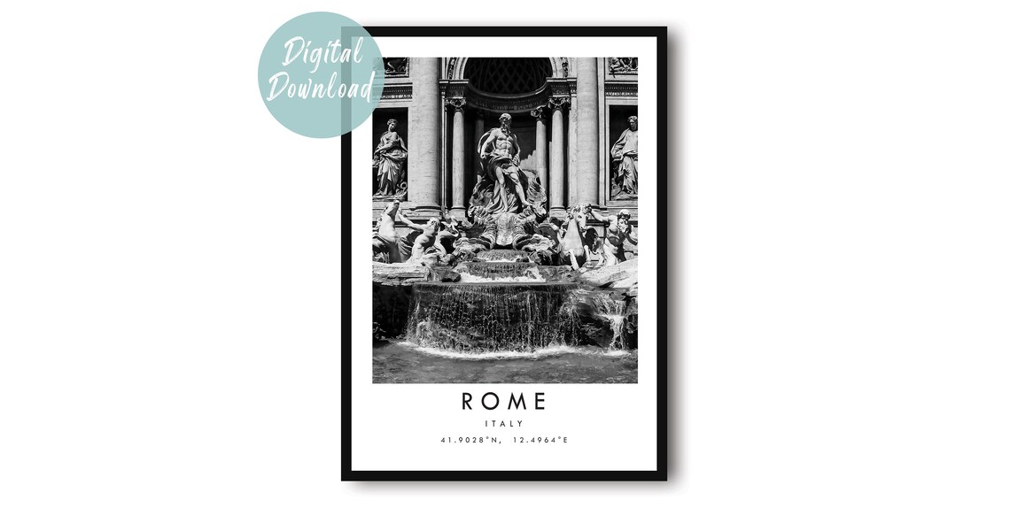 Rome Trevi Fountain Black and White Italy Landmark Travel Poster