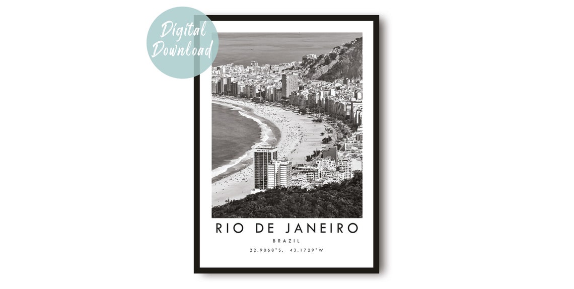 Rio De Janeiro Copacabana Beach Aerial Black And White Travel Poster