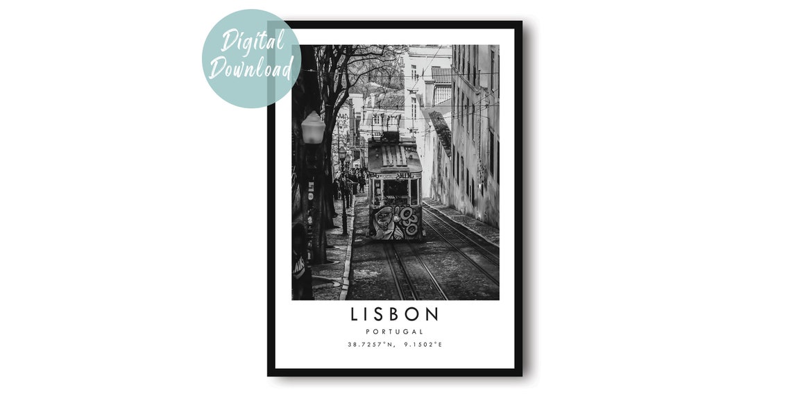Lisbon Tram Climbing a Steep Cobblestone Street Black and White Poster