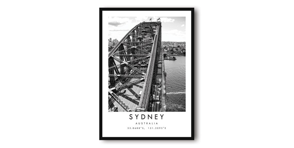Sydney Harbour Bridge Black and White City Photo Coordinates Art Print