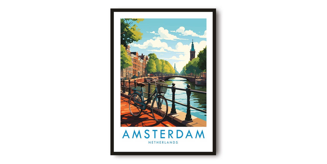 Amsterdam Netherlands Canal Bicycle Bridge Vintage Travel Poster