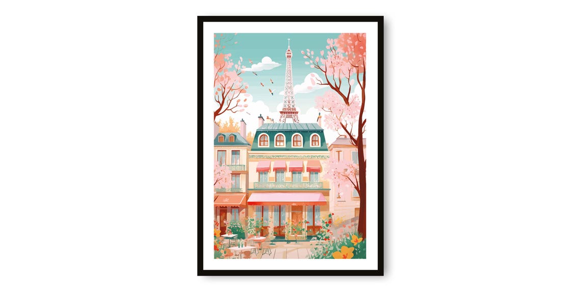 Paris Eiffel Tower Pink Blossom Sidewalk Cafe French Art Poster