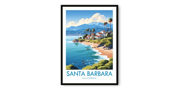 Santa Barbara California Coastal Beach Palm Trees Travel Poster