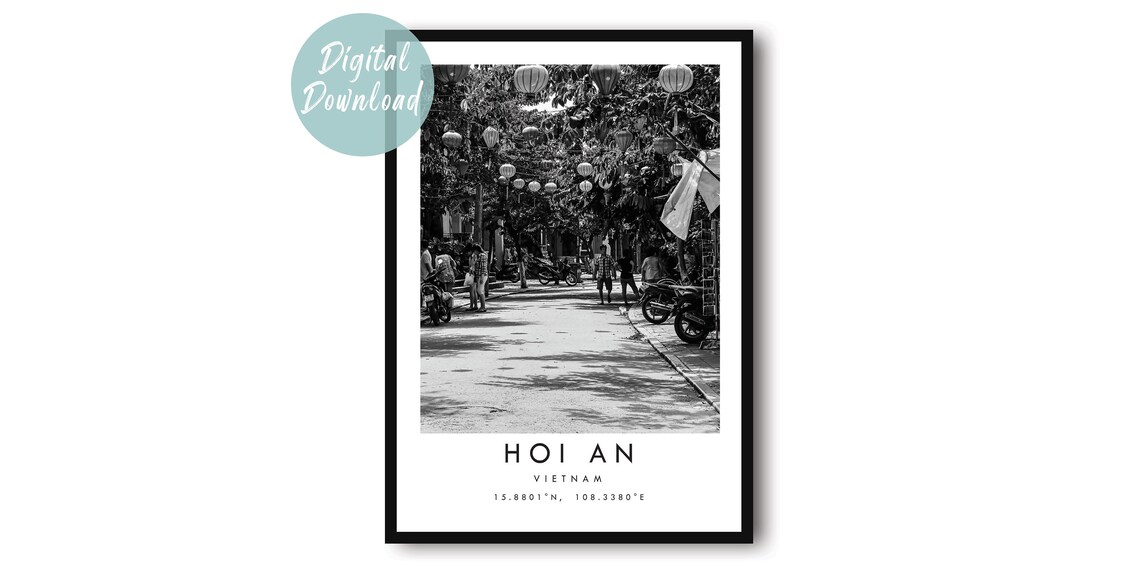 Hoi An Old Town Lantern Street Scene Black and White Photo Poster