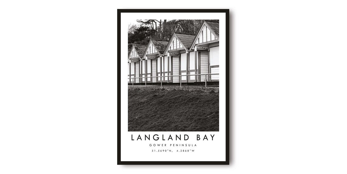 Langland Bay Gower Travel Poster, Black and White