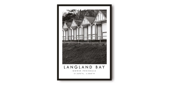 Langland Bay Gower Travel Poster, Black and White