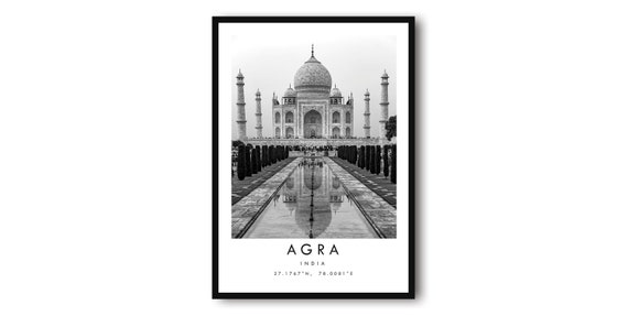 Agra Taj Mahal Travel Poster, Black and White Minimalist