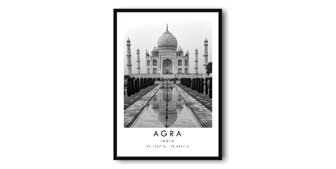 Agra Taj Mahal Travel Poster, Black and White Minimalist