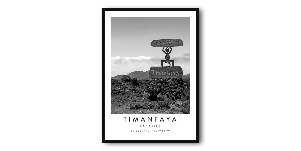 Timanfaya Travel Poster, Black And White Minimalist