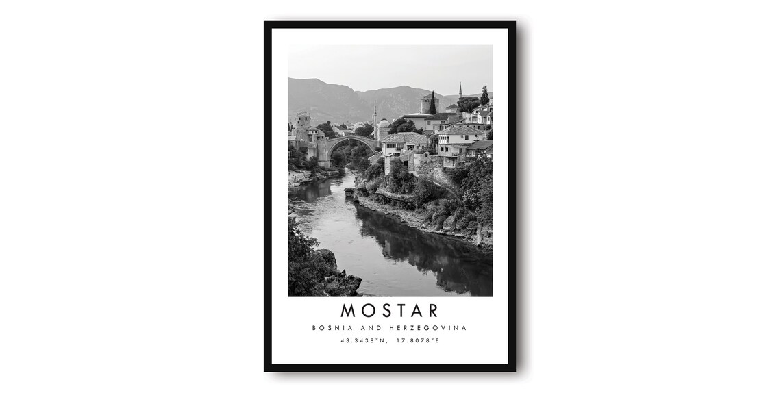 Mostar Bosnia Herzegovina Old Bridge Black White Photo Poster