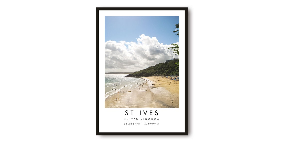 St Ives United Kingdom Poster with Sandy Beach Bathers and Headland