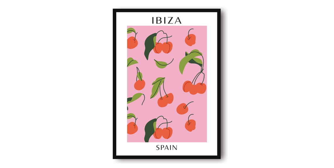 Ibiza Spain Sweet Cherry Pattern Pink Fruit Market Art Poster