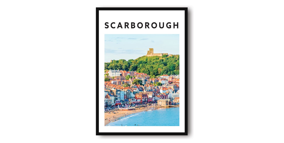 Scarborough England Poster with Sunny Beach Town and Castle Hill