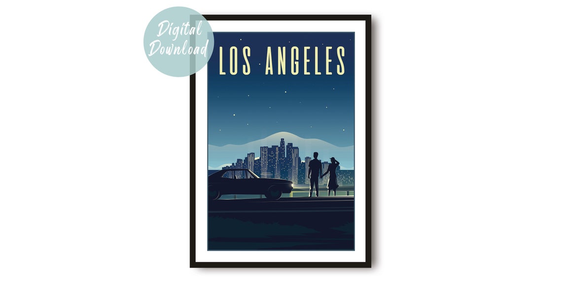 Los Angeles Night Skyline with Classic Car Retro Cinematic Poster