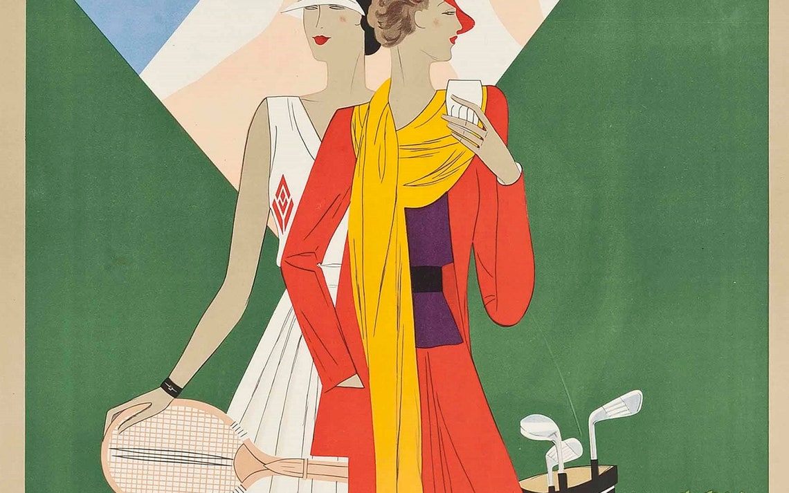 Vintage French Travel Poster France Resort French Alps Art Deco Wall Art Fashion Women 1920s Golf Tennis Poster Wall Art - Image 3