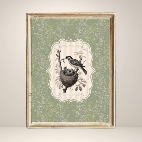 Vintage Bird Print, Rustic Nursery Decor