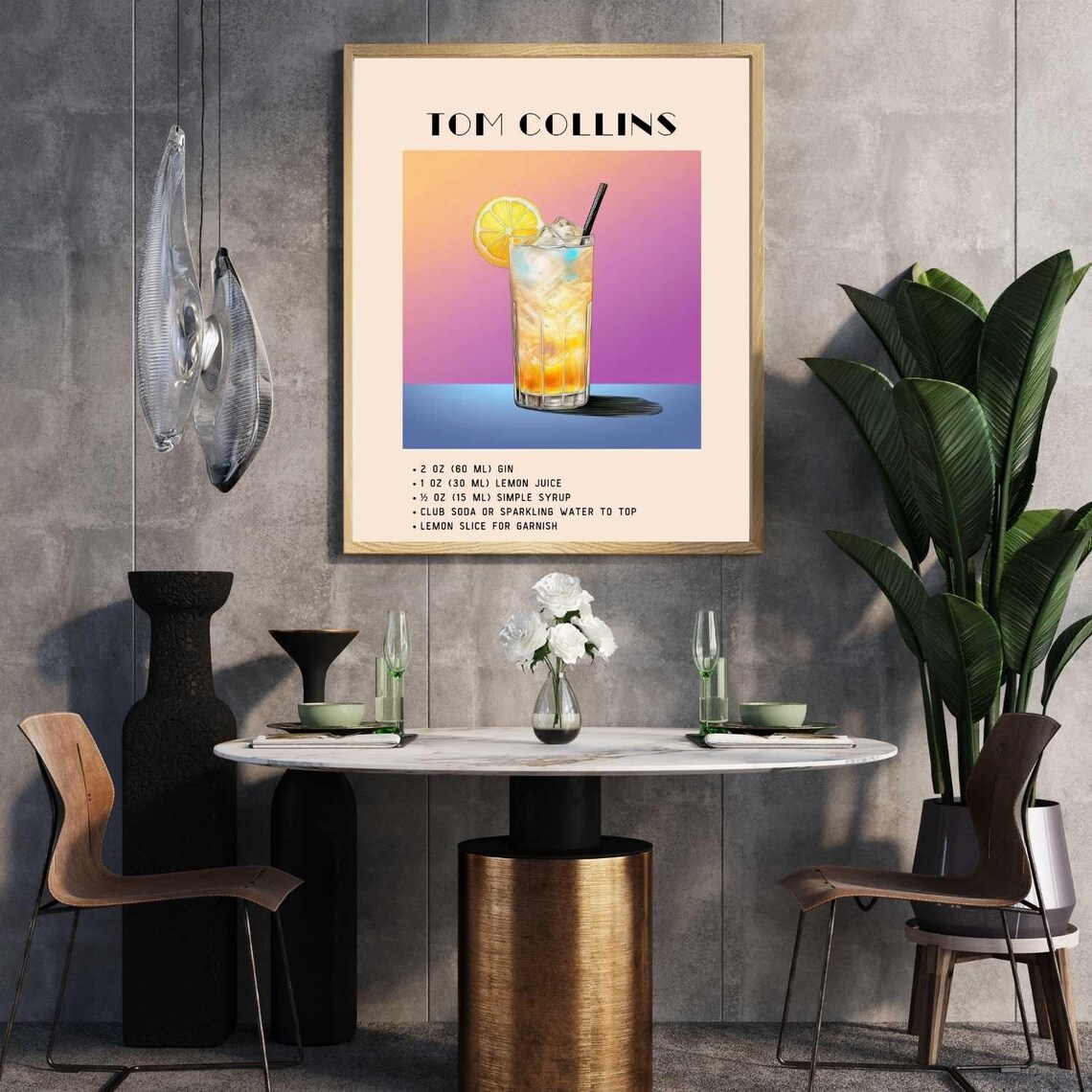 Tom Collins Cocktail, Yellow Minimalist Retro Art - Image 5