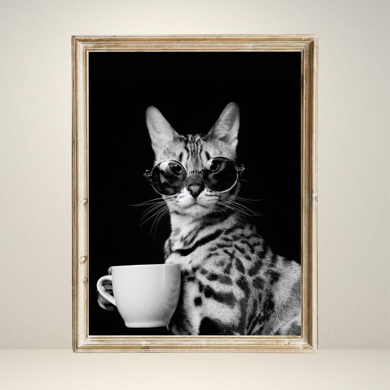 Bengal Drinking Coffee, Vintage Cat Kitchen Decor