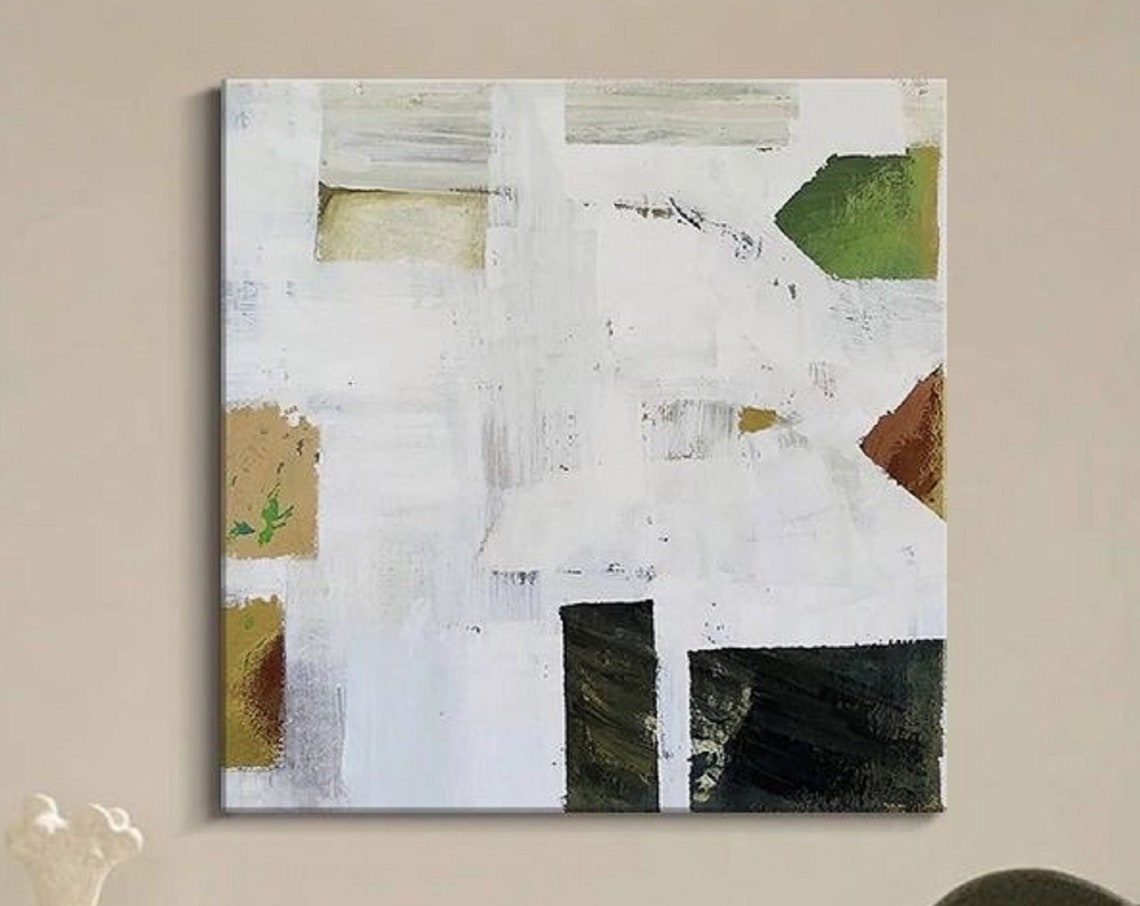 White Collage With Olive Green Black Blocks Textured Abstract Poster