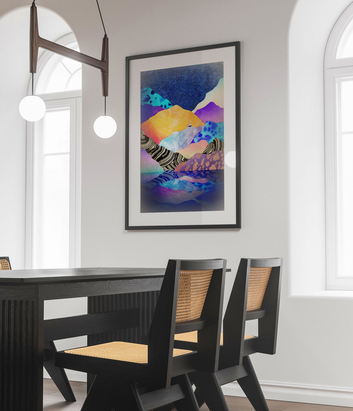 Patterned Mountain Lake Under Starry Night Sky Poster for Decor - Image 2