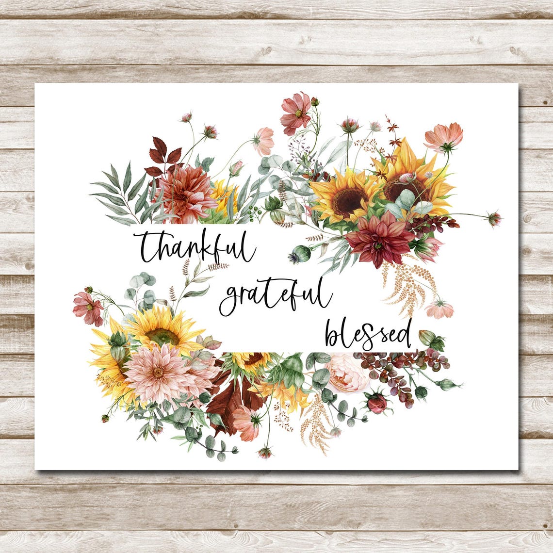 Thankful Grateful Blessed Sunflower Dahlia Fall Floral Quote Poster - Image 4