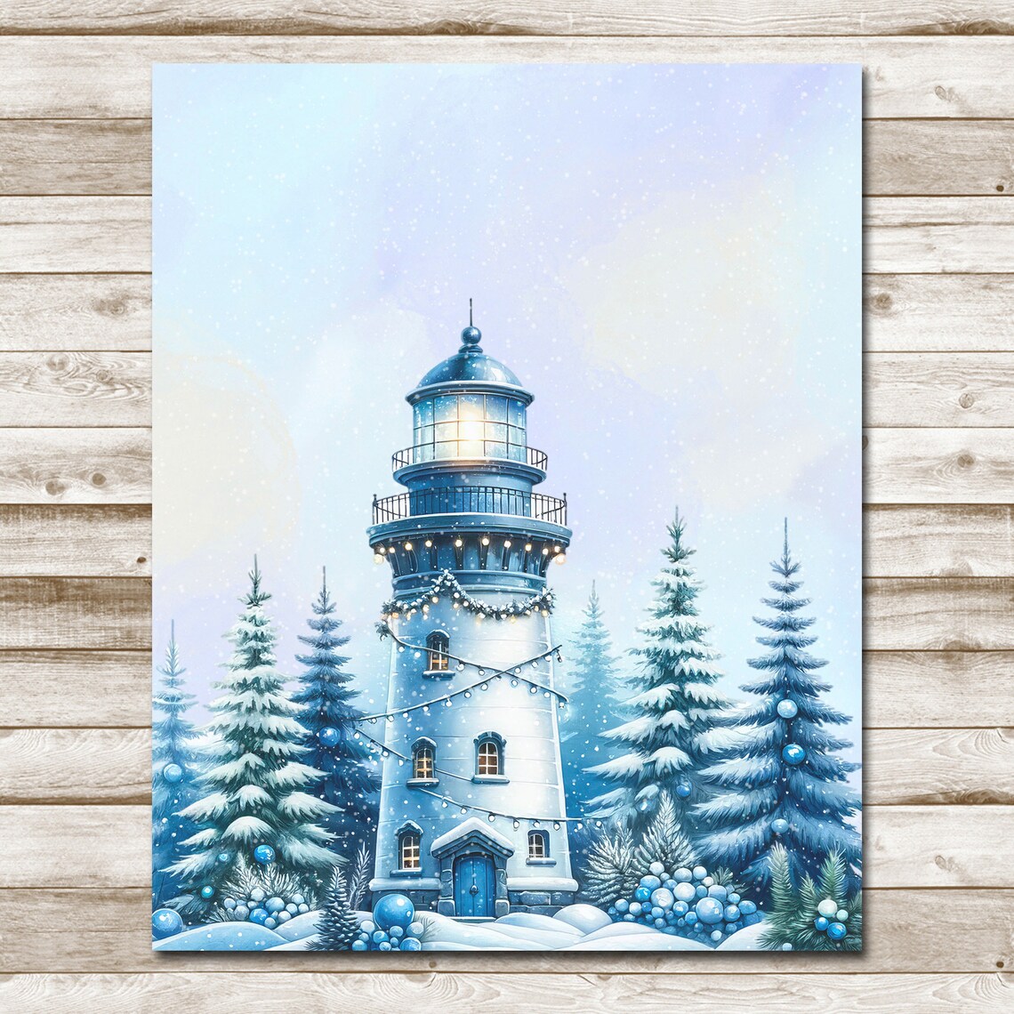 Winter Lighthouse String Lights Snowy Evergreen Nautical Christmas Poster - Image 4