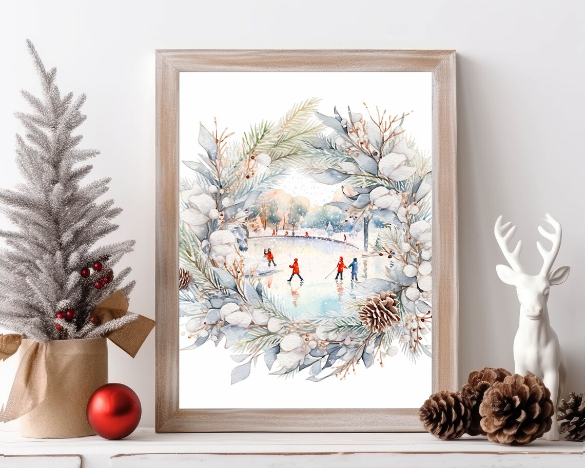 Winter Wreath Ice Skaters Frozen Pond Christmas Scene Wall Poster