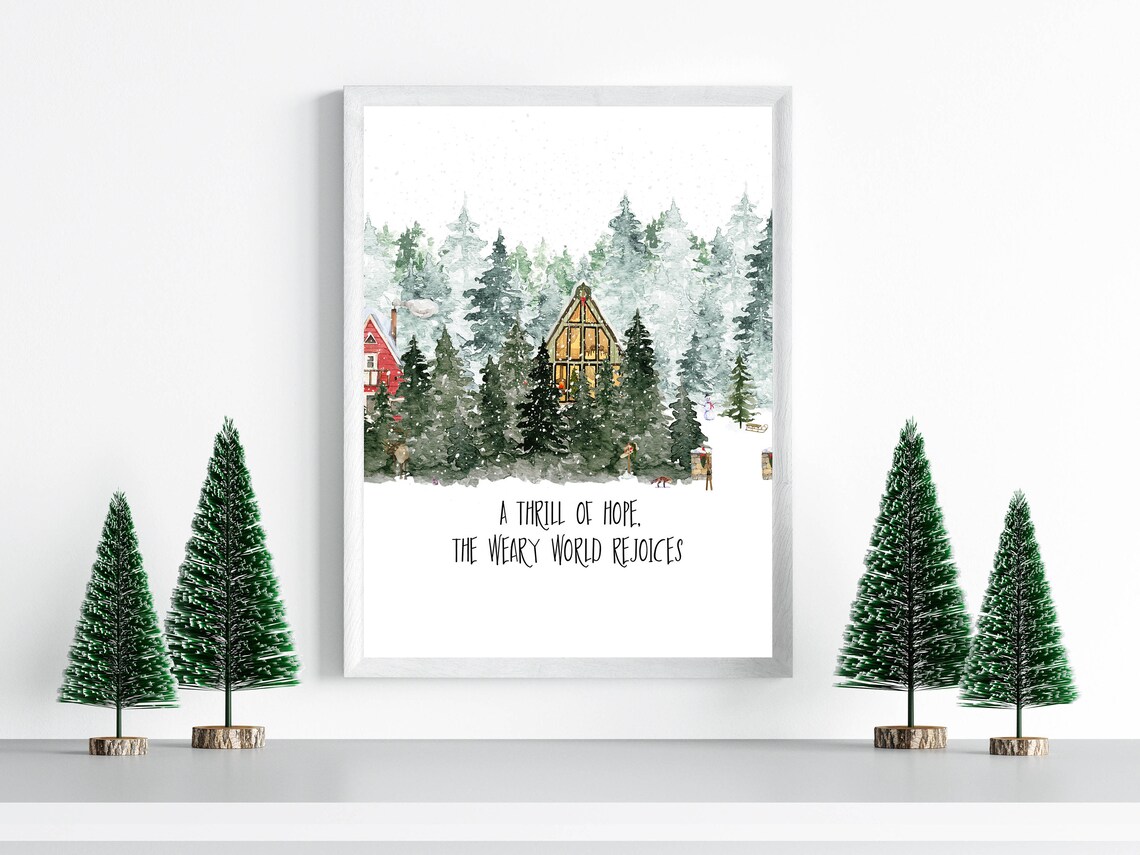 A Thrill Of Hope The Weary World Rejoices 5x7 8x10 11x14 16x20 Woodland Wall Art Rustic Sign Winter Cabin Christmas Diy Decor - Image 3