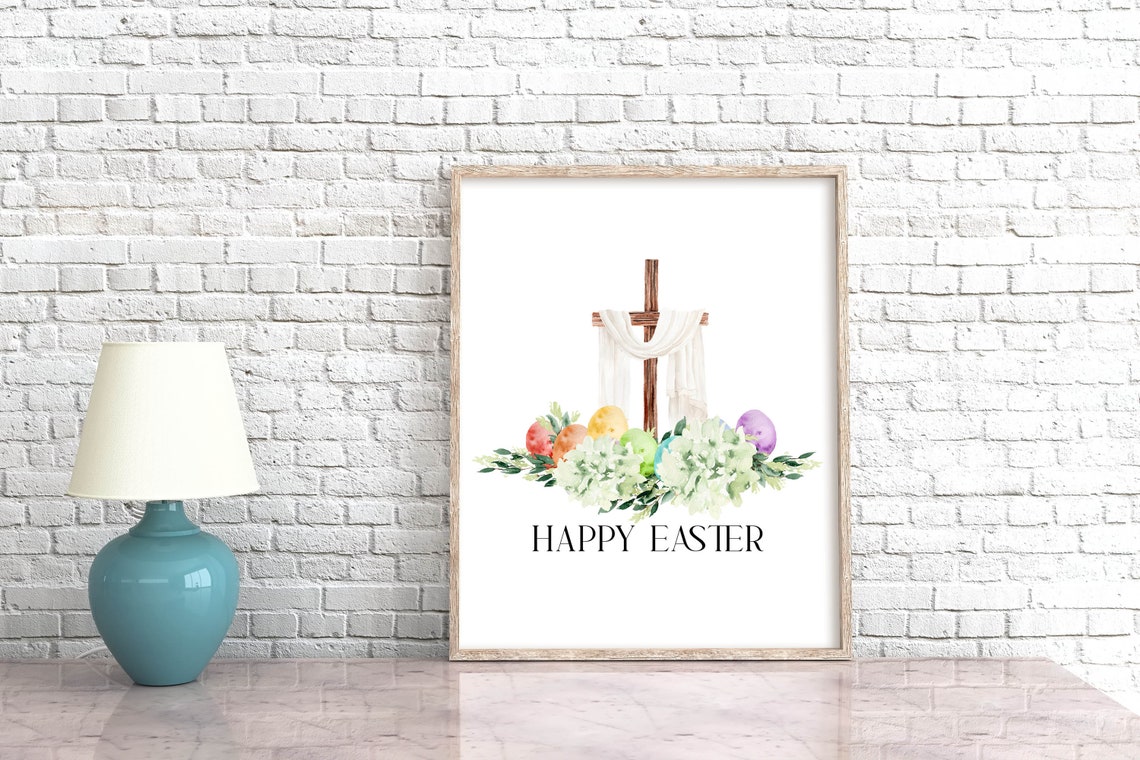 Happy Easter Cross With White Drape Hydrangea Watercolor Poster - Image 8