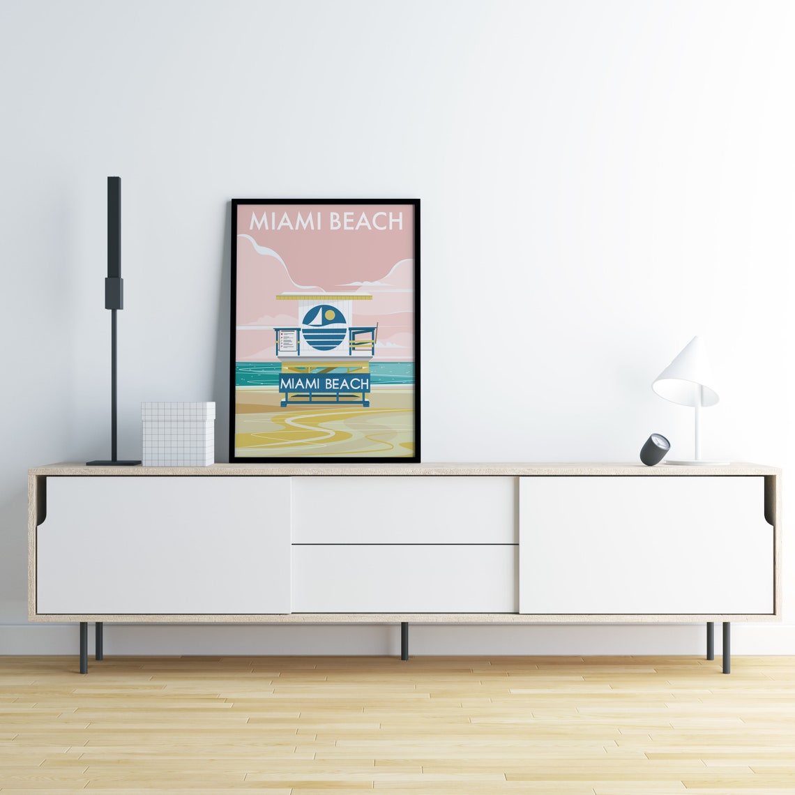 Miami Beach Lifeguard Stand Sunset Retro Art Deco Travel Poster - Image 2