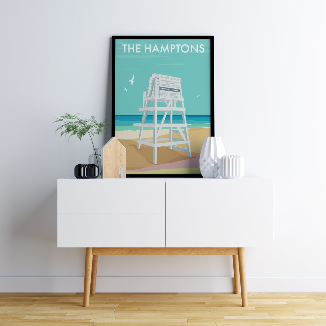 Vintage The Hamptons White Lifeguard Tower Seaside Travel Poster - Image 3