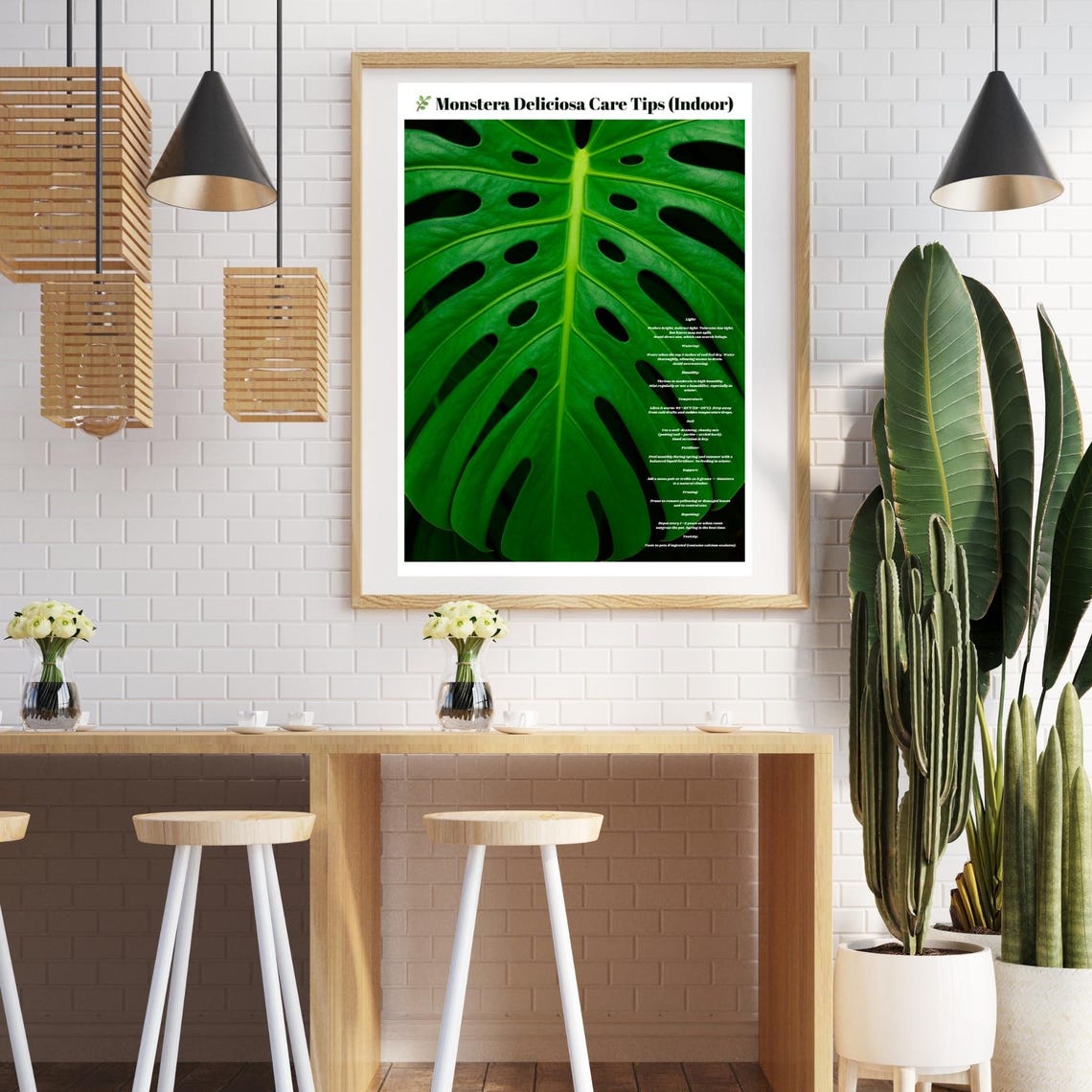 Monstera Deliciosa Indoor Care Tips Green Leaf Botanical Poster