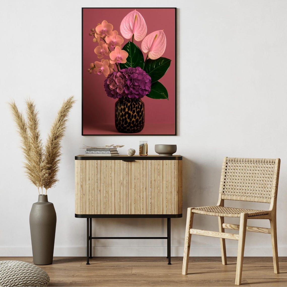 Coral Orchid Pink Anthurium Hydrangea Bouquet Still Life Wall Art