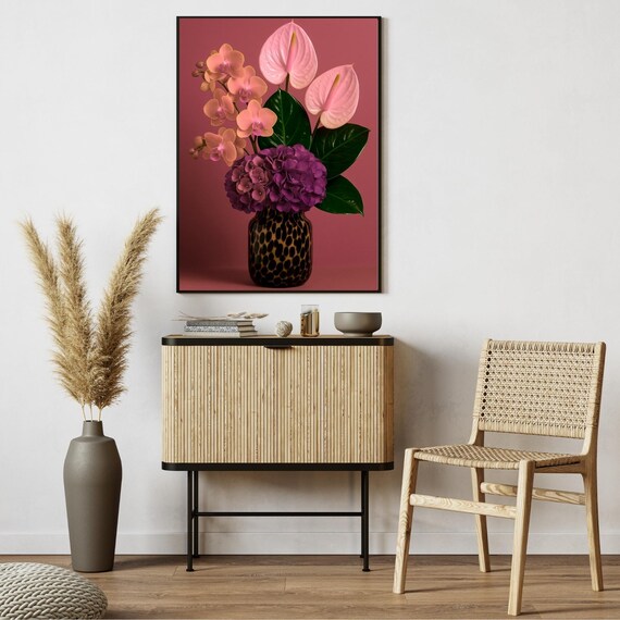 Coral Orchid Pink Anthurium Hydrangea Bouquet Still Life Wall Art