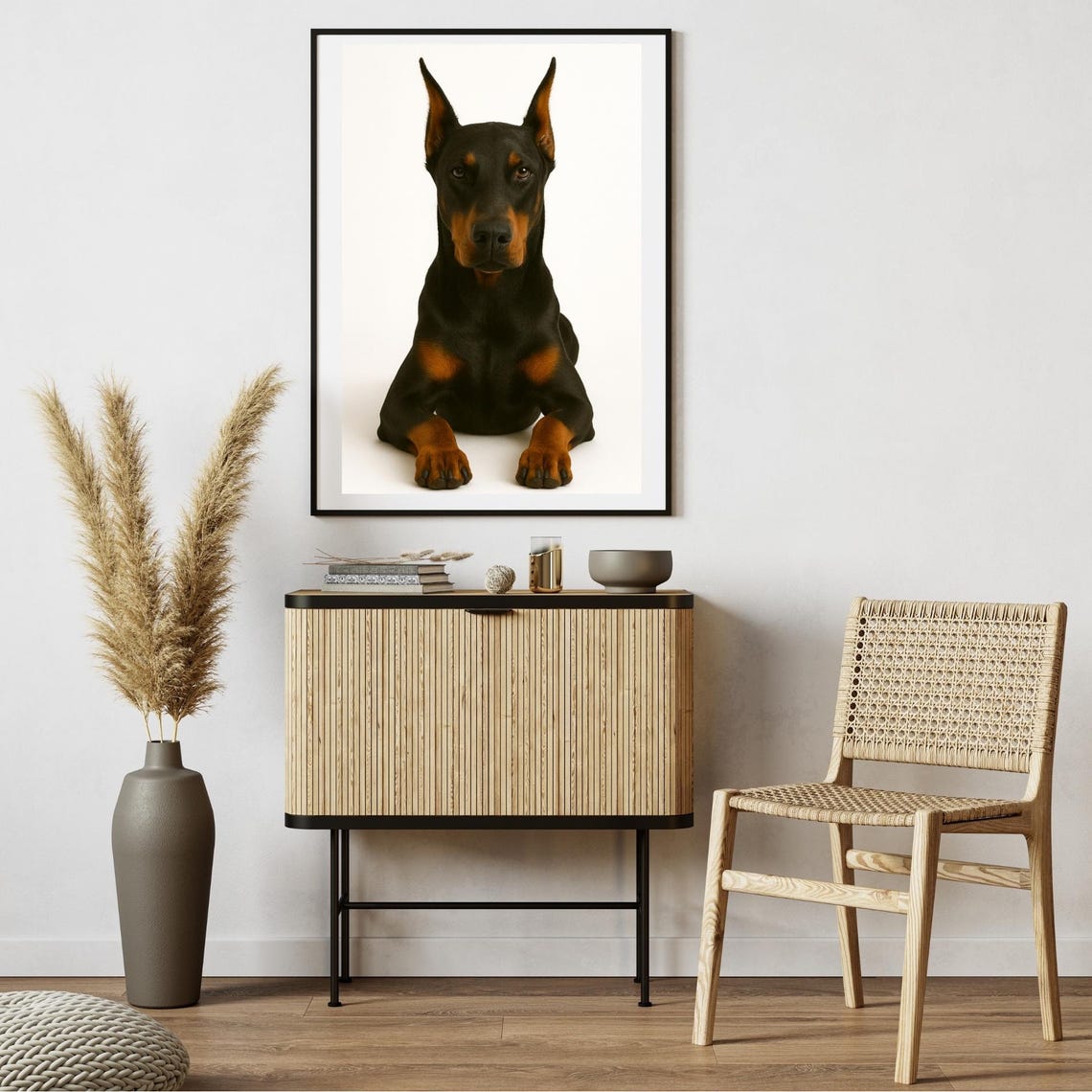Doberman Portrait On White Background Minimalist Breed Art Poster