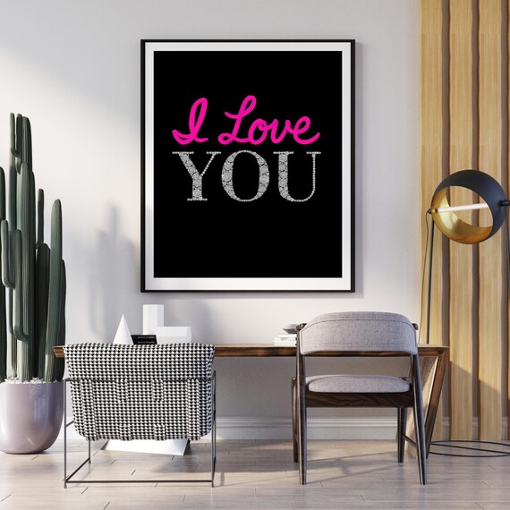 I Love You Hot Pink Script Diamond Typography Romantic Wall Art